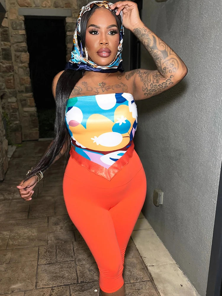 Sexy Hipster Women 2 Piece Set Y2K Strapless Colorful Belly Tops+Bike Shorts Tight Stretch Midnight Clubwear Outfits