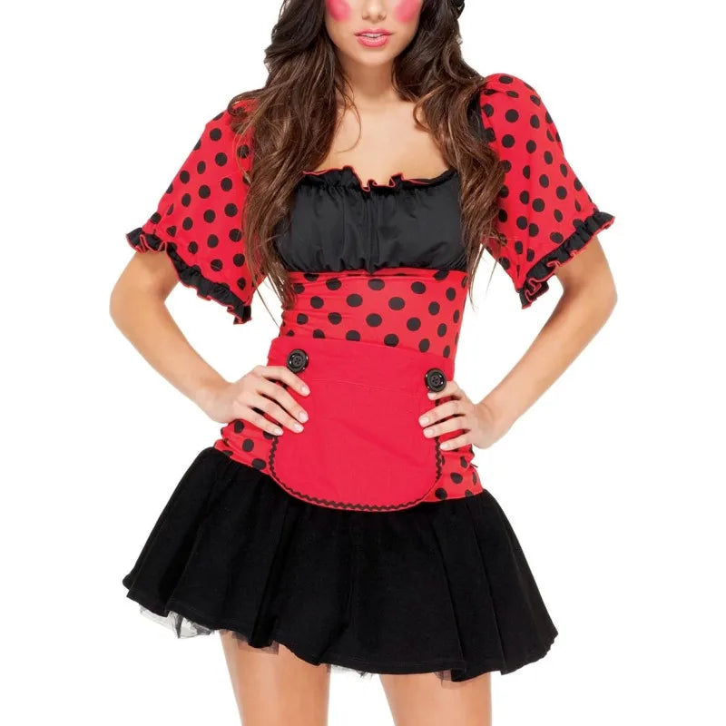 Womens Halloween Ladybug Cosplay Costume Polka Dot Puff Sleeve Tutu Mini Dress Maid Apron and Hat Carnival Fancy Dress
