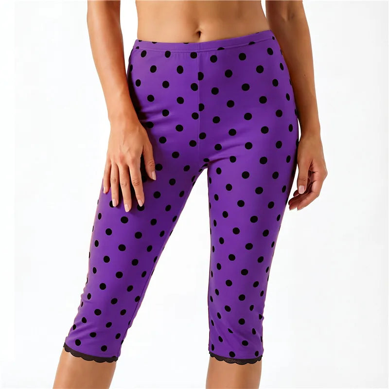 Vintage Polka Dot Cropped Leggings High Waist Lace Trim Hem Calf Pants Women Daily Loungewear Sleepwear Casual Bottoms