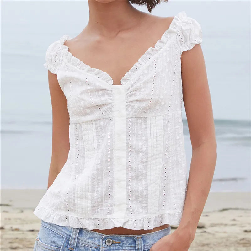Boho Summer Eyelet Cutout Blouse Ladies Off The Shoulder Ruffle Trim V Neck Button Down Pleated Slim Fit Top Beachwear