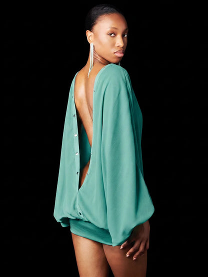 Slim Ruched Mini Dress Woman Sexy Backless Autumn Trend Single-Breasted Design Full Sleeve Peach Hip Elegant Bodycon