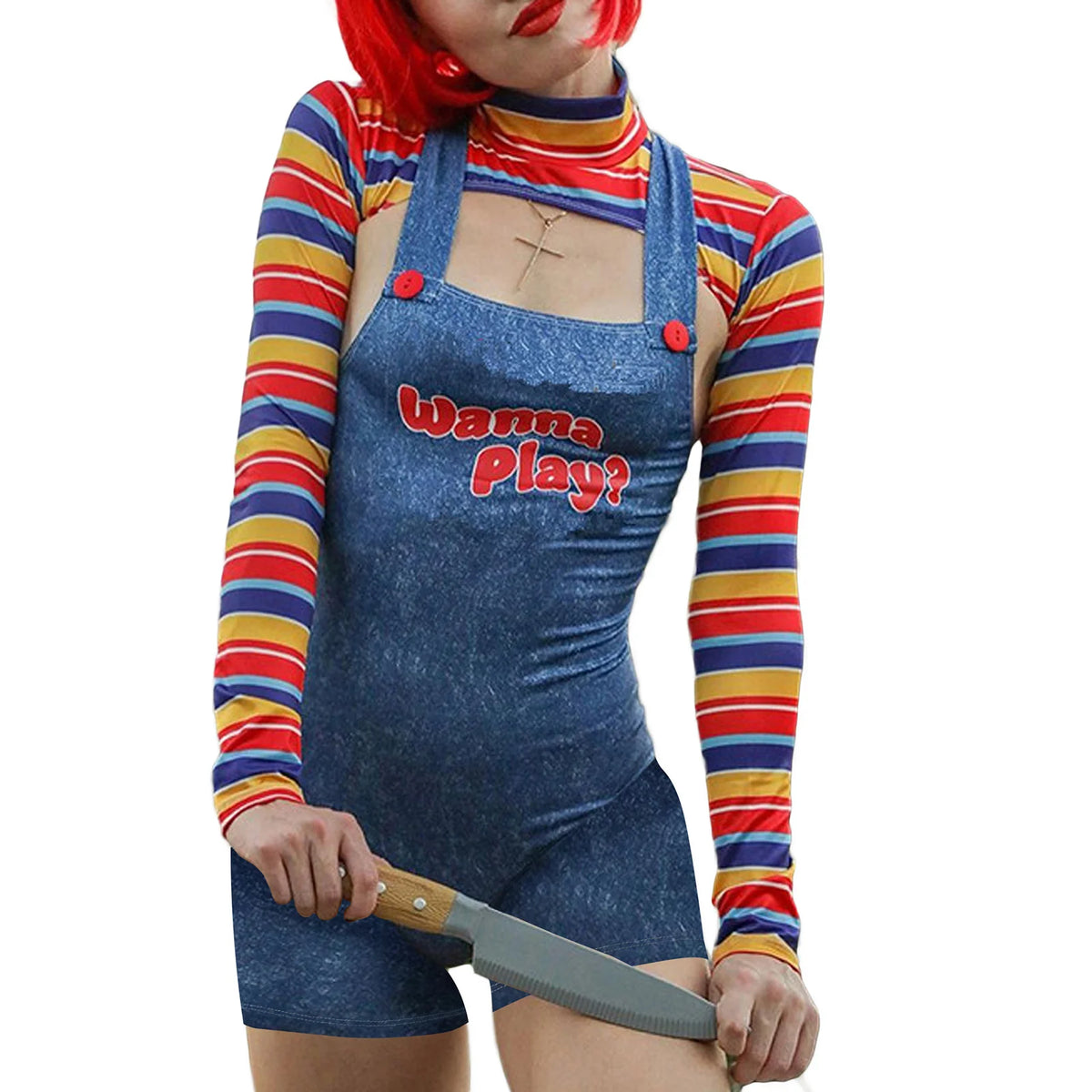 Women 2 Pcs Scary Killer Doll Costume Set Sling Jumpsuit Horror Party Cosplay