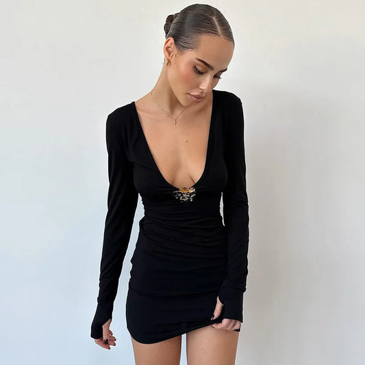 Hardwear Detail Deep V Long Sleeve Dresses Sexy Black Mini Dress Trending Women Clothing 2025 New Arrivals