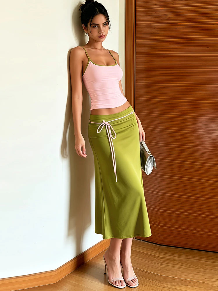 Casual Fashion 2 Piece Set Woman Low-Neck Backless Skinny Camisoles Tops+Bandage Tassel Decoration Long Skirts Suits