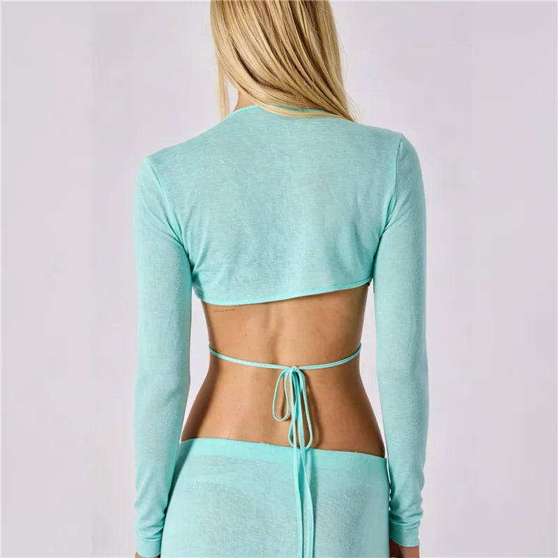 Women Y2K Deep V Wrap Long Sleeve Crop Top Self Tie Backless Crisscross Cutout Slim Fit Streetwear Cropped Blouse Tops