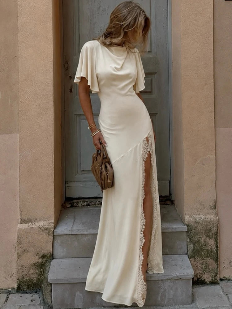 Women Satin Sexy Maxi Dress Cowl Neck Flutter Short Sleeve Lace Trim High Slit Floor‑Length Evening Party Long Dresses