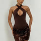Halter Cutout Sexy Mini Dress Women Elegant Spliced Sequin Ruched Waist Bodycon Cocktail Club Evening Party Dress