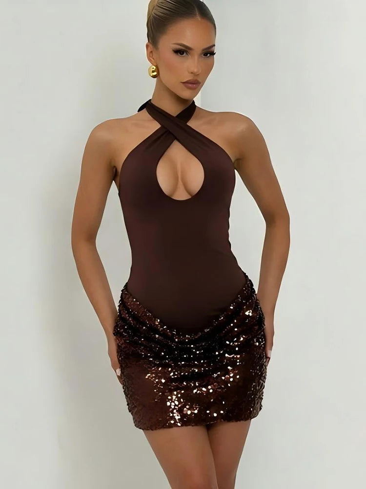 Halter Cutout Sexy Mini Dress Women Elegant Spliced Sequin Ruched Waist Bodycon Cocktail Club Evening Party Dress