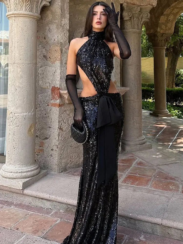 Turtleneck Backless Long Dresses Woman Sequin Patchwork Halter Irregular Shape Hot Girls Prom Party Sexy Fashion Vestidos