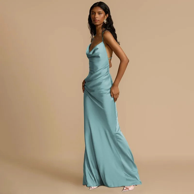 Blue Satin Backless Maxi Dresses for Women Elegant Sexy Evening Party Dress Spring Summer