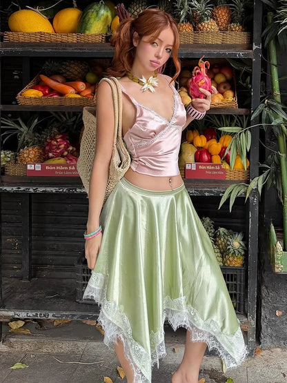 Lace Patchwork 2 Piece Set Women Sweet Sexy Low-Neck Tank Top+Irregular Hem Skirt Fashion Vacation Party Street Suits