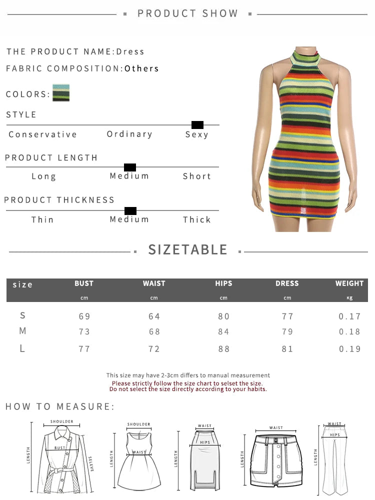 Colorful Stripe Halter Dress Women Sexy Backless Bandage Knit Thin Sleeveless Hottie Stretch Vacation Beach Clubwear