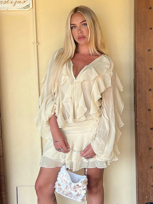 Ruffled Patchwork Mesh Dress Women Sexy Elegant Single-Breasted Lantern Sleeve Fashion Street Party Club Mini Bodycon
