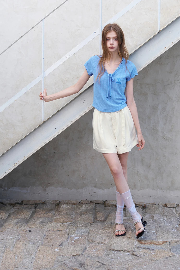 Women's Ribbed Knit T-Shirt with Tie V Neck, Sweet Short Sleeve Blue Tee for Summer, Mermaid Aesthetic Casual Top