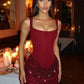 Sparkle Ruched Sexy Mini Dress Women Elegant Glitter Square Collar Sleeveless Backless High Waist Club Party Dresses
