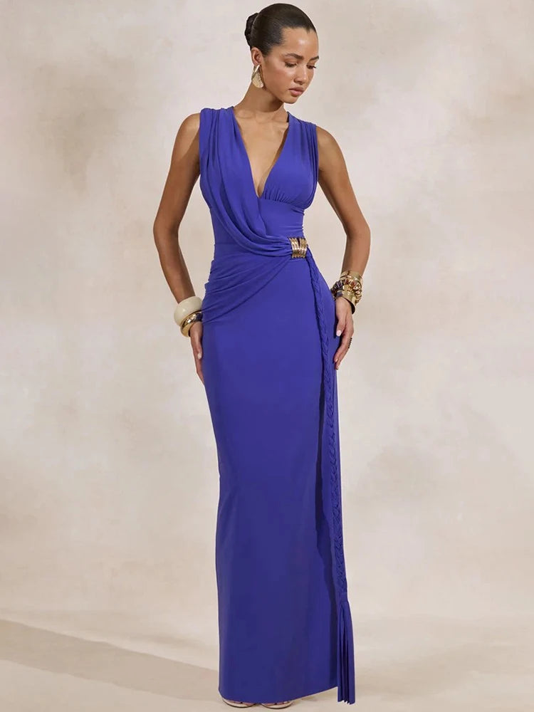 Women Deep V Neck Sleeveless Sexy Maxi Dress Wrap Ruched Bodycon Long Dress Elegant Evening Club Party Formal Gown