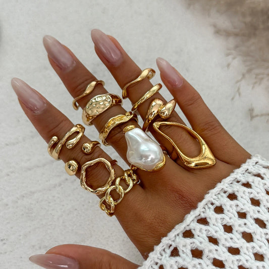 12Pcs/Set Vintage Imitation Pearl Water Drop Open Rings for Women Goth Irregular Geometric Ring Wedding Finger Jewelry