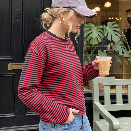 Women Casual Striped Long Sleeve T‑Shirt Crew Neck Loose Fit Vintage Stripe Daily Streetwear Cropped Basic Tops
