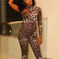 Leopard Print Jumpsuits Women Turtleneck One Sleeve Skinny Peach Hip Hot Girls Street Fashion Wild Style Overalls