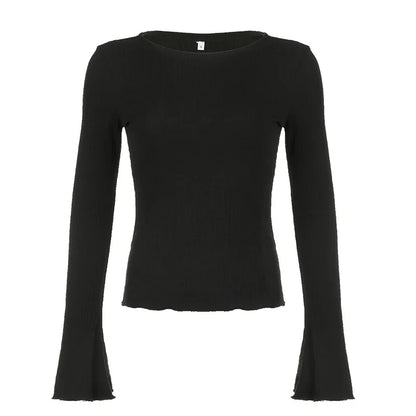 Casual Knit Flare Long Sleeve Top Black Fitted Shirts Y2k Clothes for Women Tees Spring 2024