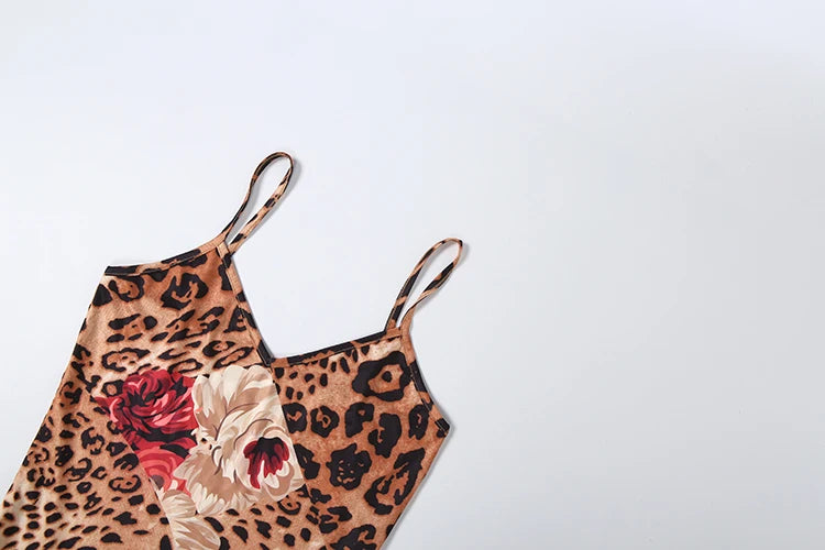Patchwork Colorful Leopard Print Dress Women Fashion Hottie Irregular Hem Low-Neck Trend Wild Vacation Party Clubwear