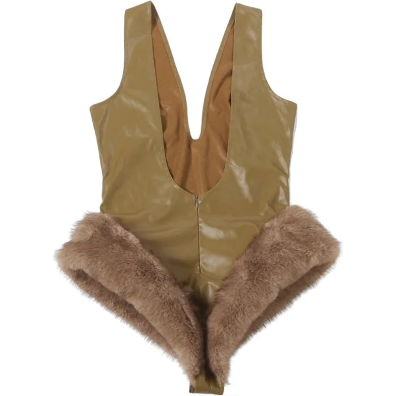 Faux Fur Trim PU Leather Shorts Jumpsuit Deep V Neck Sleeveless Backless Romper Sexy Onesie Woman Club Outfit
