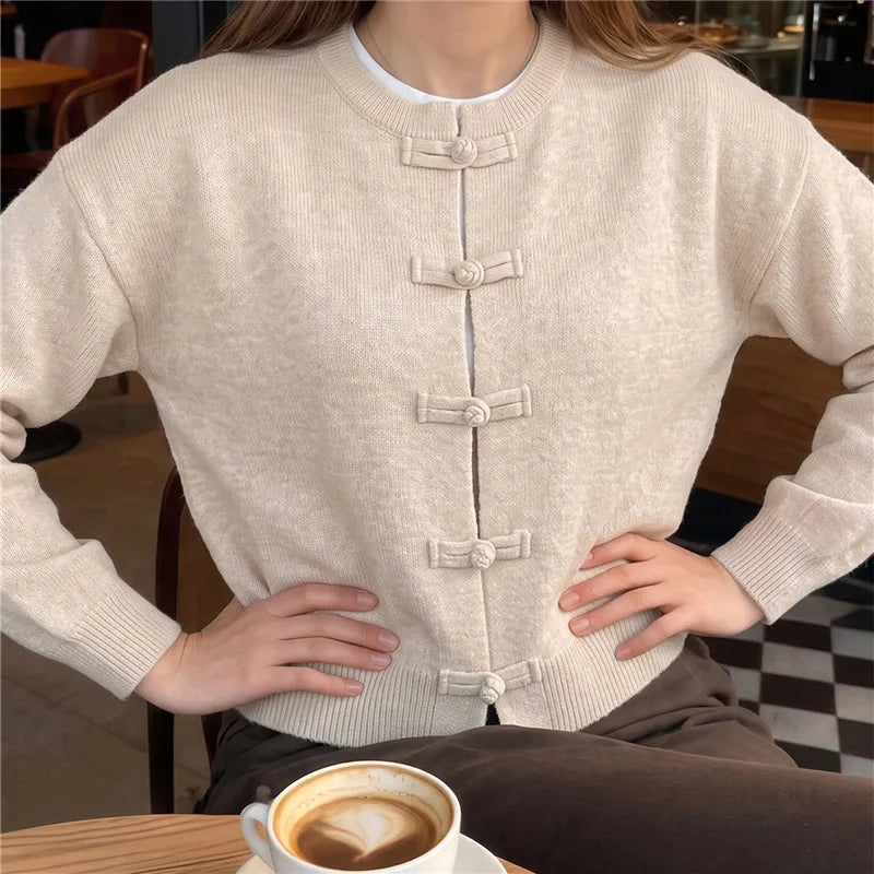 Women Oatmeal Frog Button Knit Cardigan Crew Neck Long Sleeve Sweater Solid Knot Closure Knitwear Fall Winter Streetwear