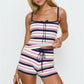 Women Y2K Retro Striped Knit Two Piece Set Spaghetti Strap Bow Front Top and Drawstring Shorts Summer Casual Streetwear