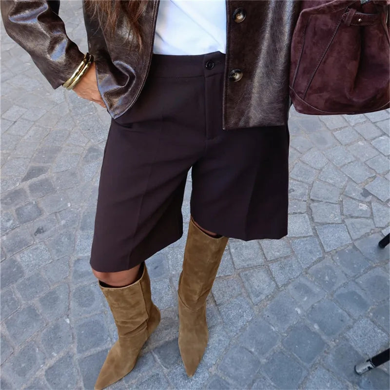 Women High Waist Pleated Bermuda Shorts Knee Length Wide Leg Suit Shorts Zipper Fly Casual Office Trouser Shorts