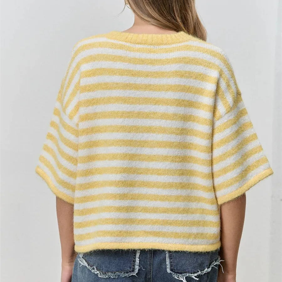 Women Contrast Stripe Plush Mohair Knit Cardigan Round Neck Button Front Half Sleeve Loose Fit Cropped Knit Jacket Fall