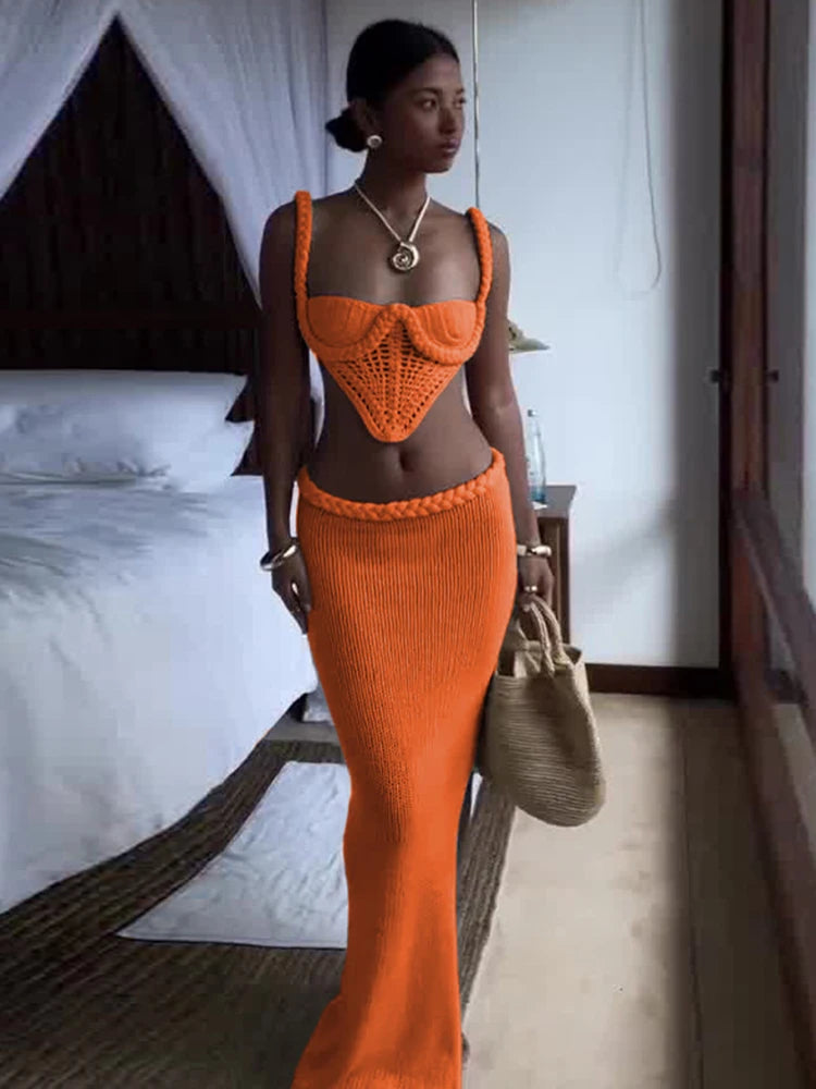 Crochet Shirring 2 Piece Set Women Cross Bandage Backless Irregular Tops+Solid Long Skirts Vacation Beach Style Suits