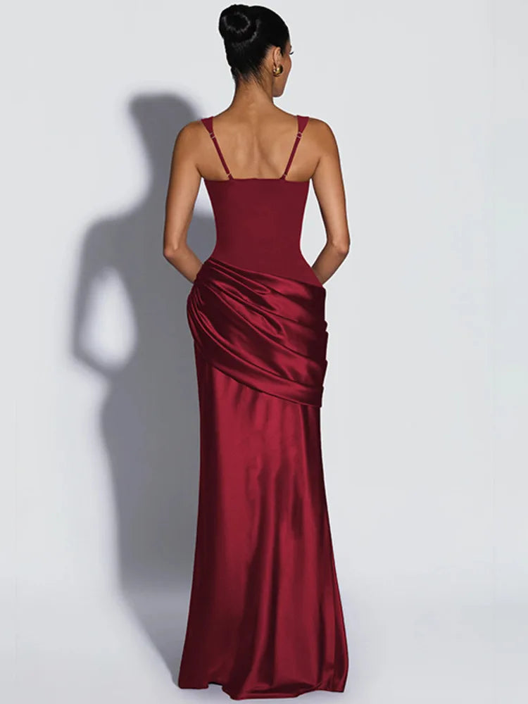 Women Mermaid Maxi Dress Square Neck Sleeveless Ruched Bodycon Long Dress Evening Party Formal Wedding Guest Dresses