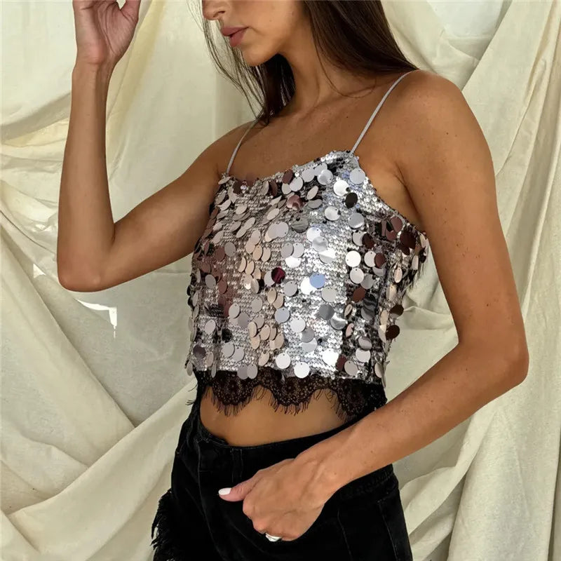 Sequins Cami Crop Top Spaghetti Strap Lace Hem Sparkly Camisole for Music Festival Beach Vacation Boho Party Outfits