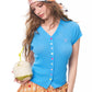 Women's Knit Blouse with Colorful Buttons & Logo Embroidery, V Neck Ruched Crop Top for Daily