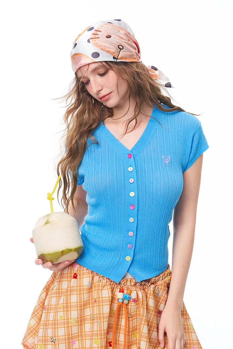 Women's Knit Blouse with Colorful Buttons & Logo Embroidery, V Neck Ruched Crop Top for Daily
