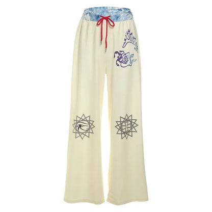 Fashion Graffiti Print Sweatpants Drawstring High Waist Wide Leg Pants Streetwear Womens Clothing P71-CE32