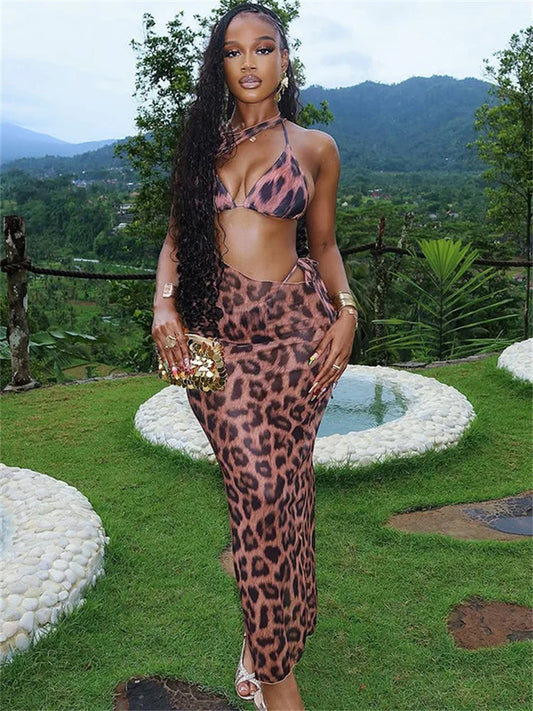 Leopard Print 2 Piece Set Women Lace-Up Halter Bra Tops+Irregular Hollow Waistless Maxi Dress Vacation Fashion Suit