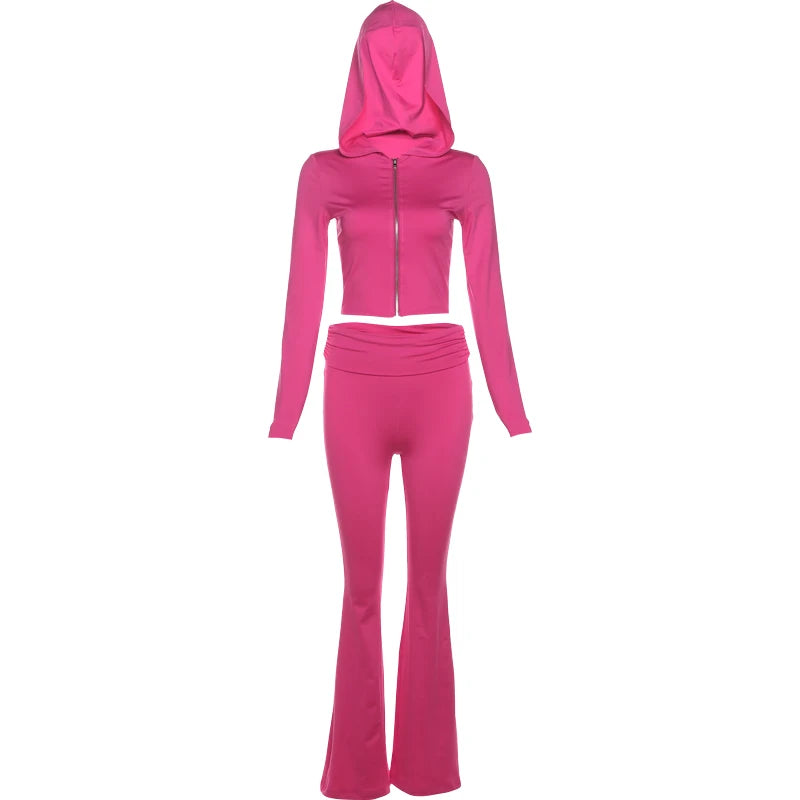 Casual Sporty 2 Piece Set Tracksuit Women Hooded Zip Jacket+Flare Pants Stretch Activity Streetwear Matching Outfits