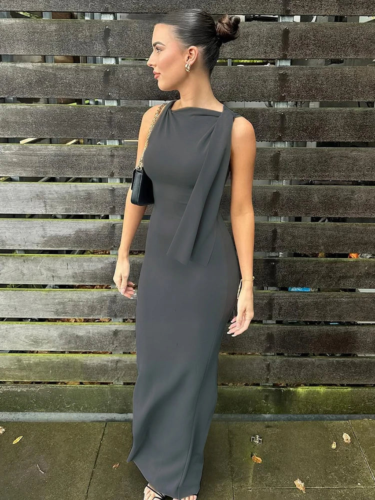 Knot Bandage Dress Woman Summer Sexy Solid Elegant One-Shoulder Sleeveless Bodyshape Simple Party Skinny Vestidos