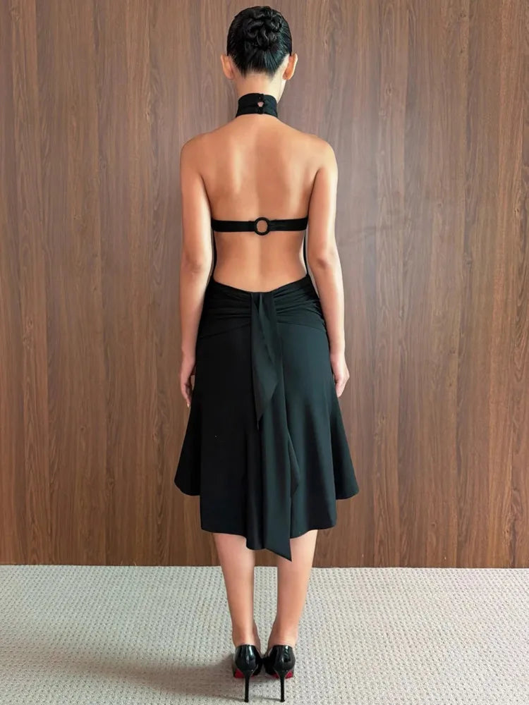 Women Halter Neck Backless Midi Dress Hollow Out Back Tie‑Up Ruffle Hem Mermaid Dress Latin Dance Party Evening Dresses