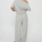 Off Shoulder Striped 2 Piece Outfit Women Loose Short Sleeve Crop Top Drawstring Wide Leg Pants Casual Lounge Pajama Set