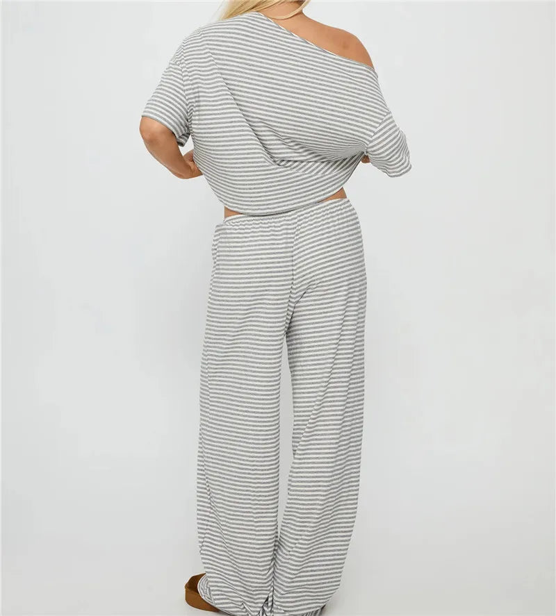 Off Shoulder Striped 2 Piece Outfit Women Loose Short Sleeve Crop Top Drawstring Wide Leg Pants Casual Lounge Pajama Set