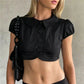 Women Peter Pan Collar Puff Sleeve Crop Top Button Down Short Sleeve Slim Fit Form Fitting Cropped Blouse Y2K Streetwear