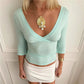 Y2K Vintage Wrap V Neck Crop Top Ladies 3/4 Sleeve Ruched Slim Fitted Short Blouse Casual Going Out Streetwear Tops