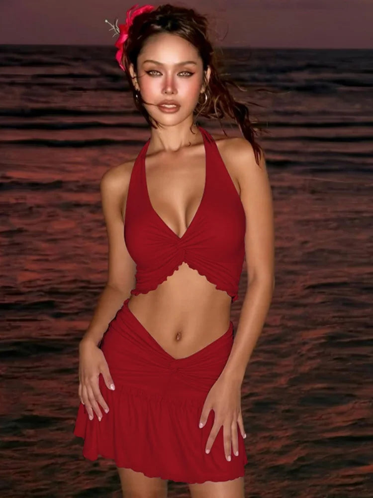 Sexy Two Piece Set for Woman Twisted Ruffled Crop Top and Mini Skirt Summer Beach Vacation Outfit