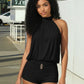 Folds Playsuits Women Metal Decoration Turtleneck Halter Bandage Backless Sleeveless Sexy  High Stretch Summer Outfits