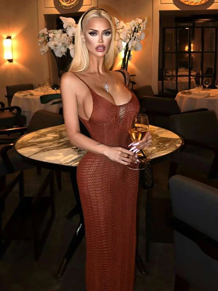 Crochet Hollow Sexy Dress Women Low-Neck Backless Sleeveless See Through High Splits Vacation Fashion Long Bodycon