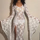 Women Halloween Floral Lace Sheer See Through Long Dress V Neck Flare Long Sleeve High Split Bodycon A-line Dresses