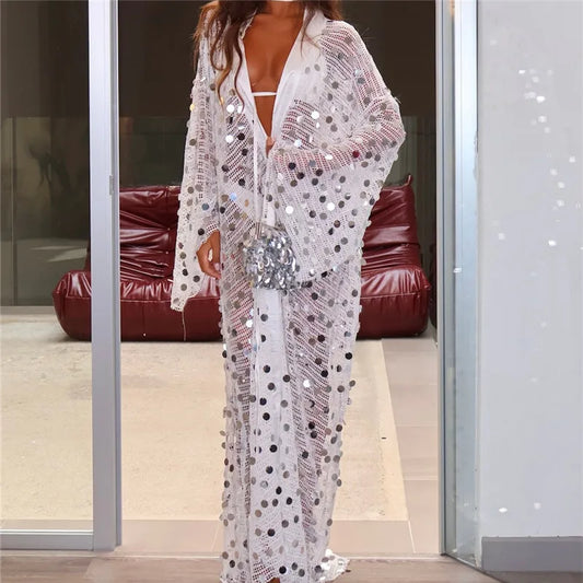 Sequin Mesh Shrug Cardigan Women Long Sleeve Open Front Sheer Sparkle Kimono Jacket Party Clubwear Night Out Outerwear