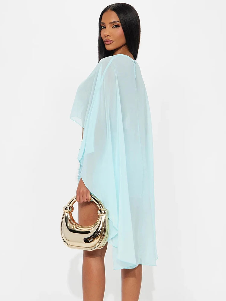 Mesh See Through Shawl Top Woman Sexy Coquette Skew Collar Batwing Collar Irregular Navel Exposed Design Clubwear